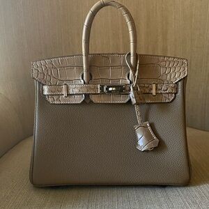 25cm etoupe grey leather crocodile touch top handle handbag bk25 bk 25